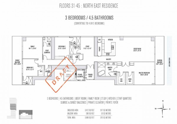 Elysee Miami Condos Floor Plan for Floors 31-45 NE Residences