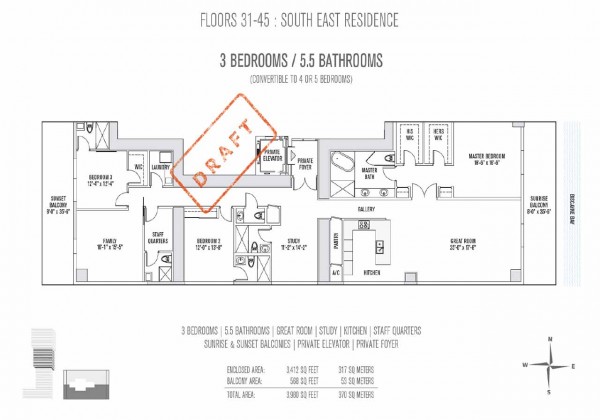 Elysee Miami Condos Floor Plan for Floors 31-45 SE Residences