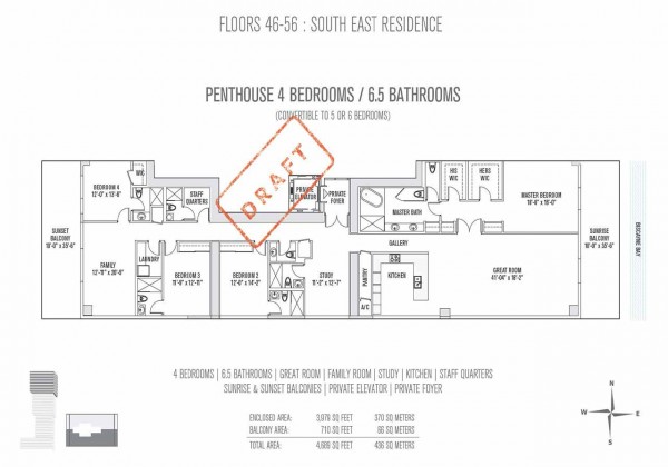Elysee Miami Condos Floor Plan for Floors 46-56 SE Penthouse Residences