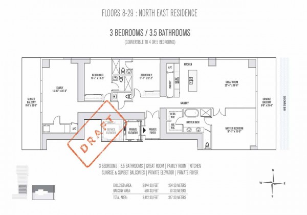 Elysee Miami Condos Floor Plan for Floors 8-29 NE Residences