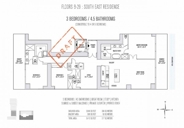 Elysee Miami Condos Floor Plan for Floors 8-29 SE Residences