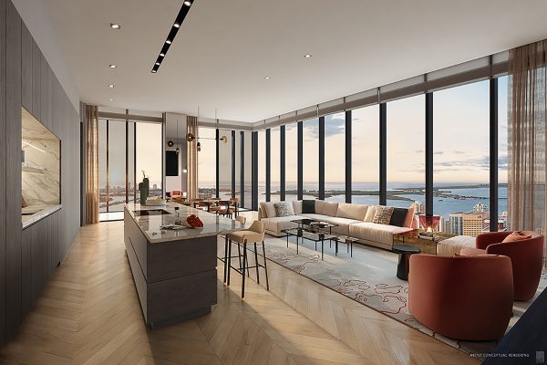 Rendering of Waldorf Astoria Residences Miami Kitchen and Living Room Flow Through